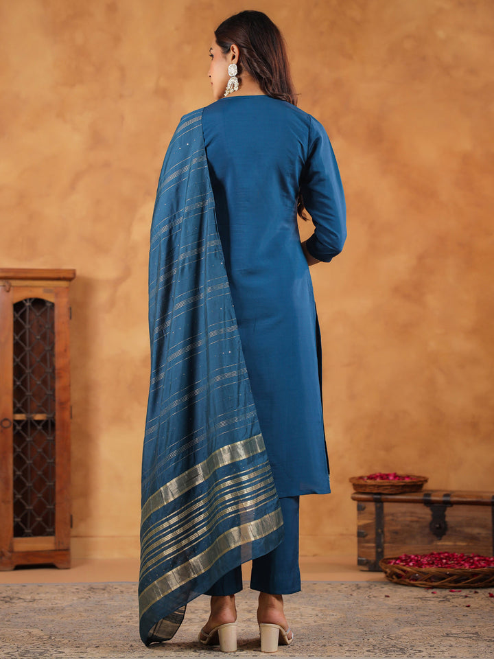 Teal Chanderi Silk Kurta Set With Dupatta