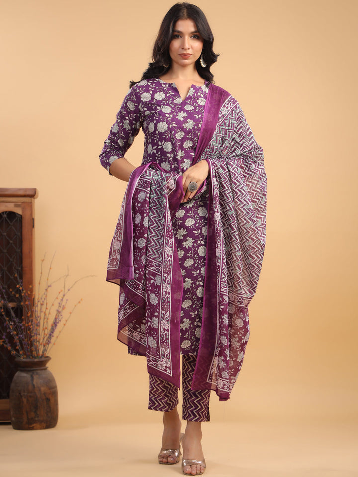 Purple Cotton Floral Printed Kurta Set With Dupatta