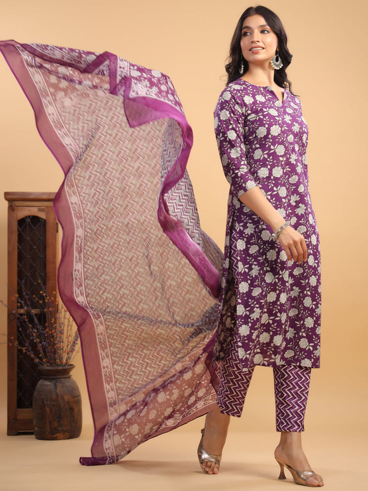 Purple Cotton Floral Printed Kurta Set With Dupatta