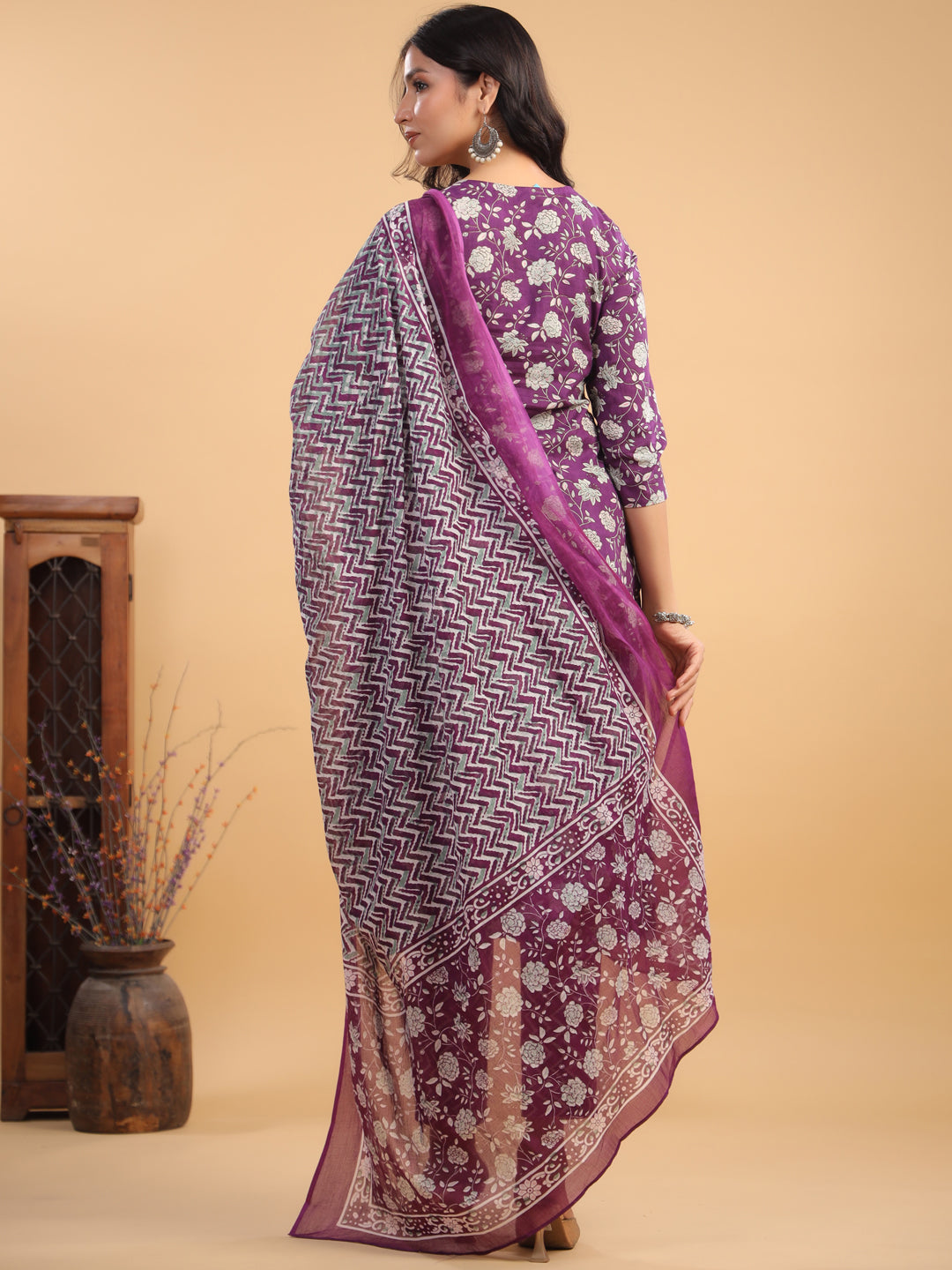 Purple Cotton Floral Printed Kurta Set With Dupatta