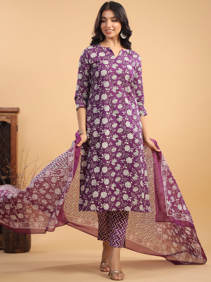 Purple Cotton Floral Printed Kurta Set With Dupatta