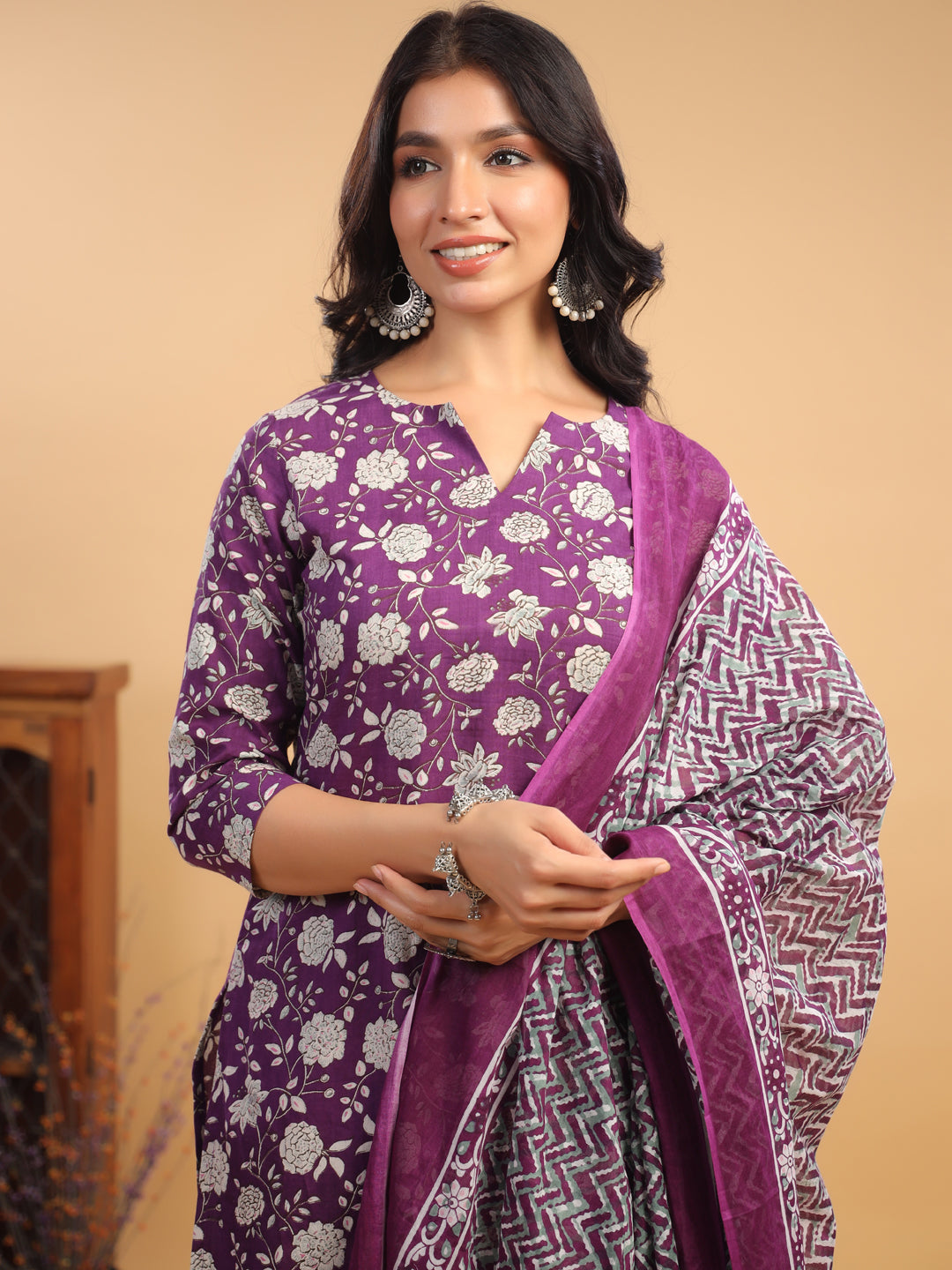 Purple Cotton Floral Printed Kurta Set With Dupatta