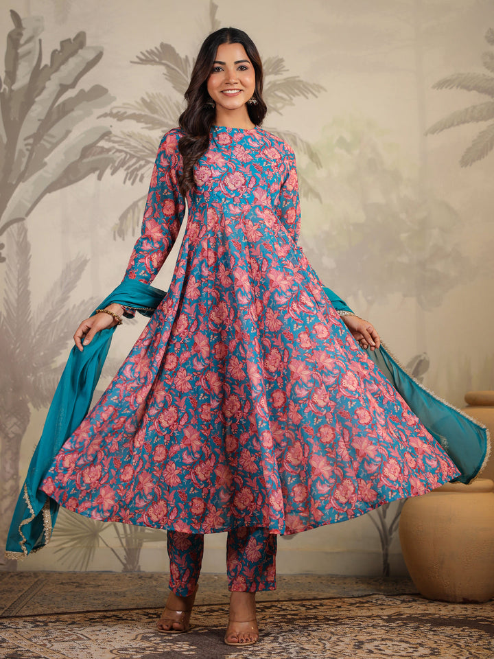 Teal Georgette Floral Printed Anarkali Kurta Set