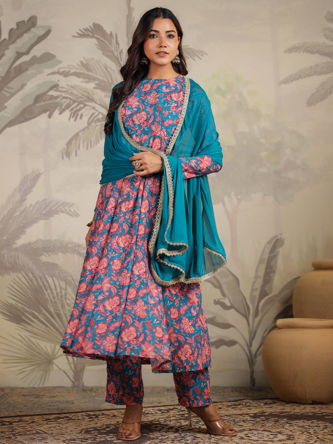 Teal Georgette Floral Printed Anarkali Kurta Set