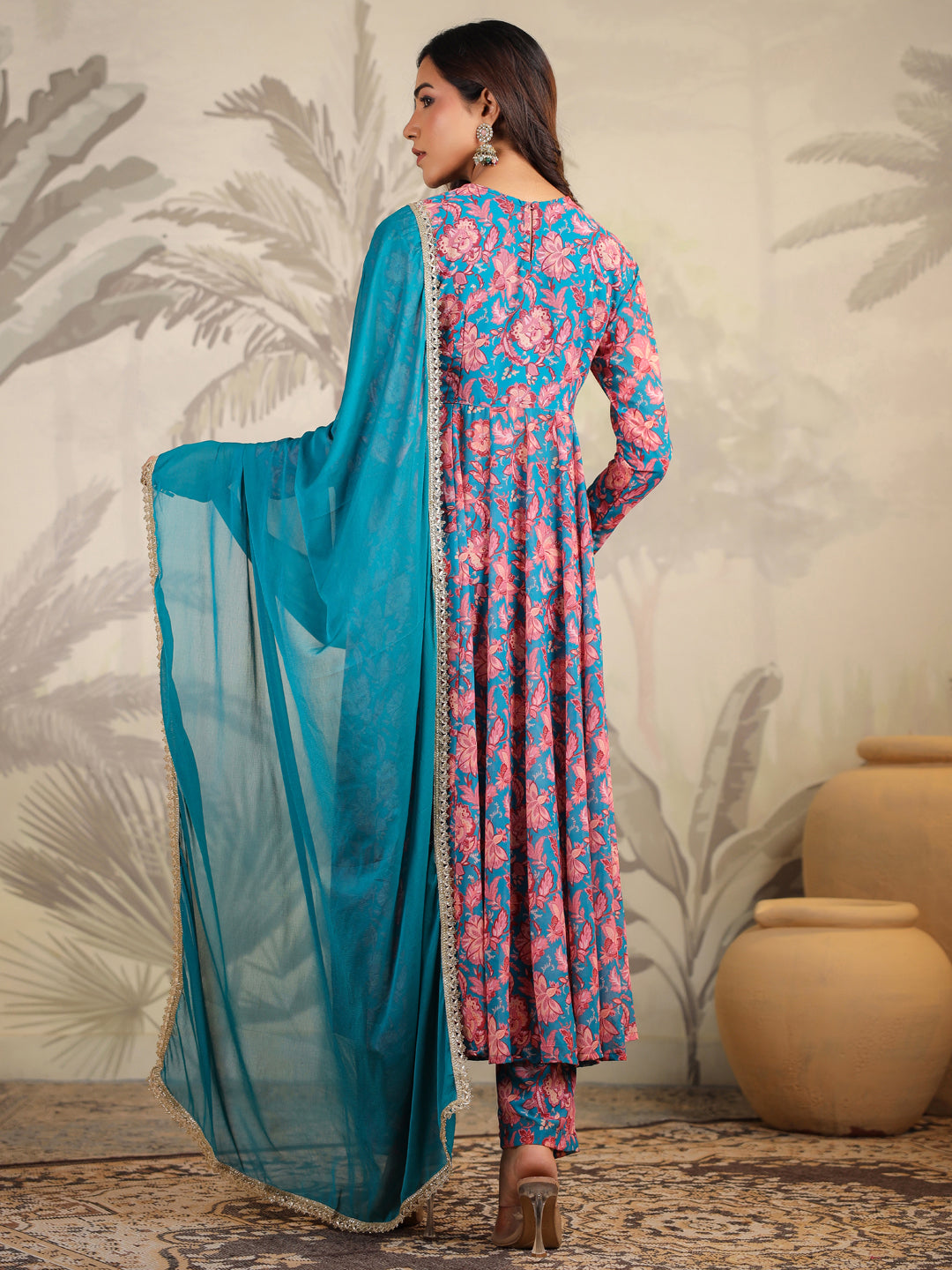 Teal Georgette Floral Printed Anarkali Kurta Set