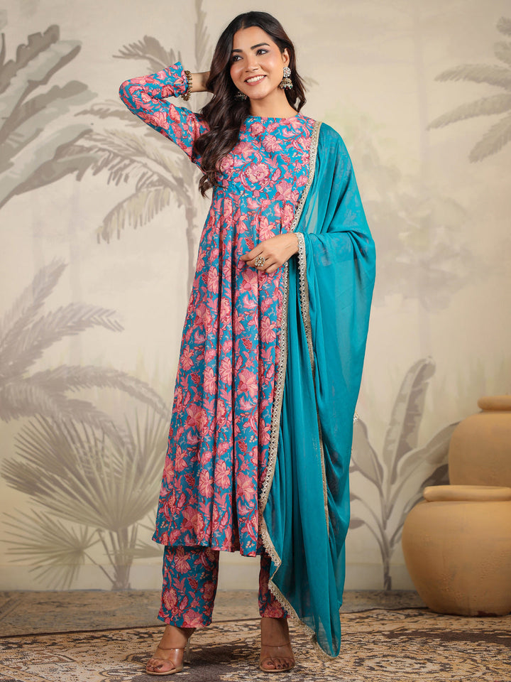 Teal Georgette Floral Printed Anarkali Kurta Set