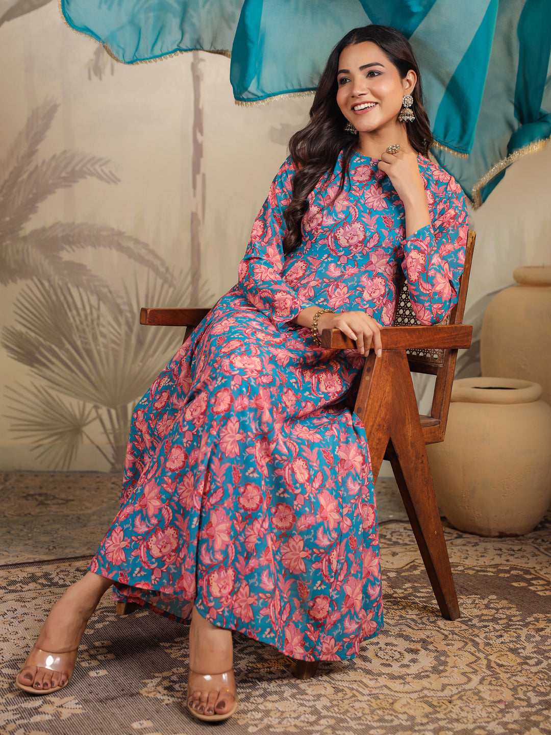 Teal Georgette Floral Printed Anarkali Kurta Set