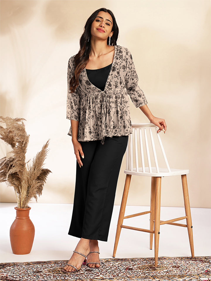 Black Moss Crepe Solid Crop Co-Ord Set With Jacket