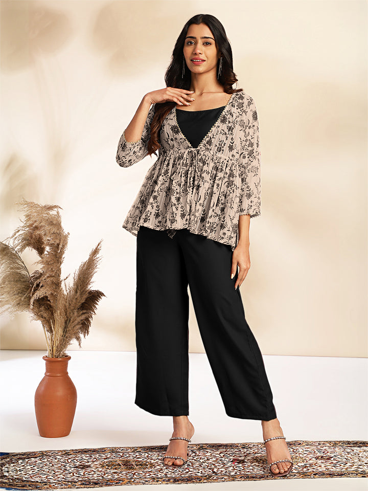 Black Moss Crepe Solid Crop Co-Ord Set With Jacket