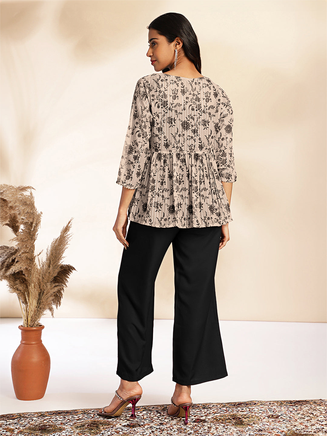 Black Moss Crepe Solid Crop Co-Ord Set With Jacket