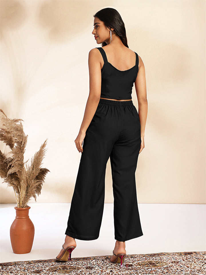 Black Moss Crepe Solid Crop Co-Ord Set With Jacket