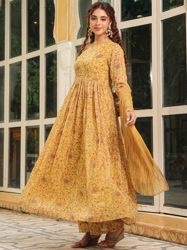 Mustard Georgette Floral Print Anarkali Kurta Set