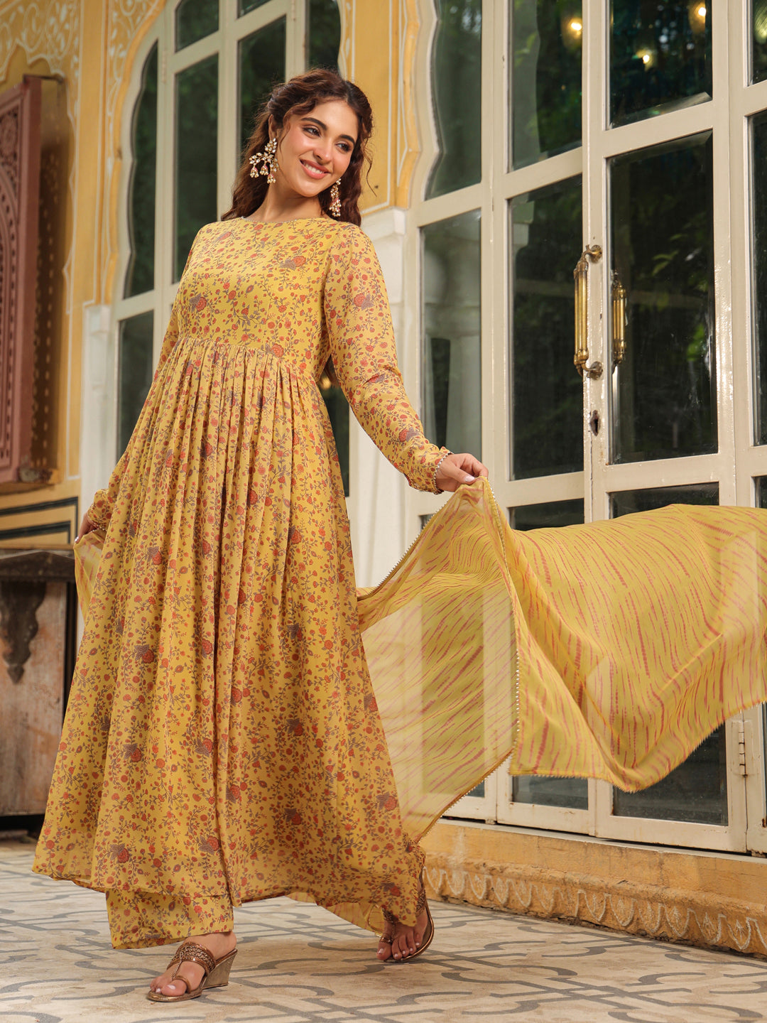 Mustard Georgette Floral Print Anarkali Kurta Set