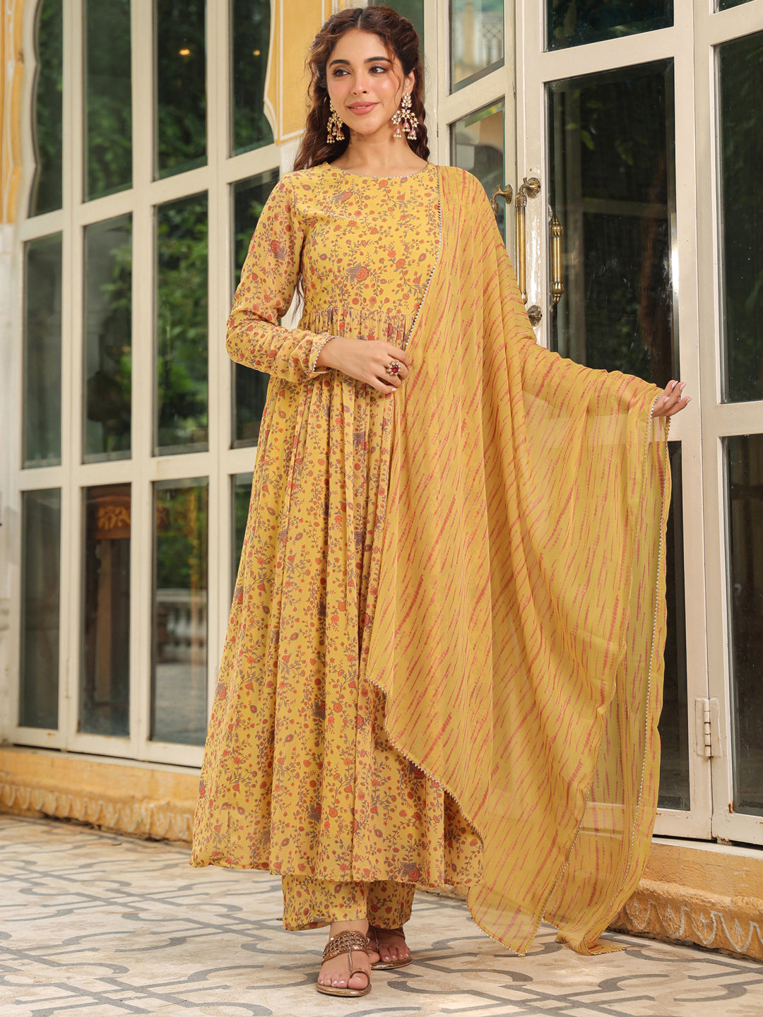 Mustard Georgette Floral Print Anarkali Kurta Set