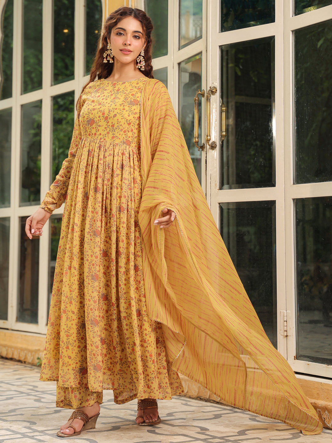 Mustard Georgette Floral Print Anarkali Kurta Set