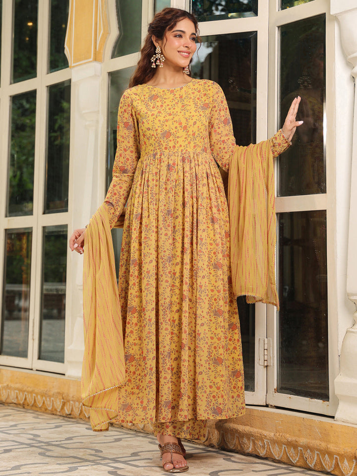 Mustard Georgette Floral Print Anarkali Kurta Set