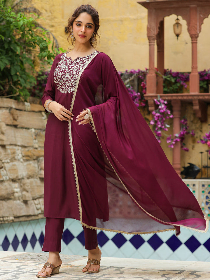 Wine Chanderi Yoke Embroidered Straight Kurta Set