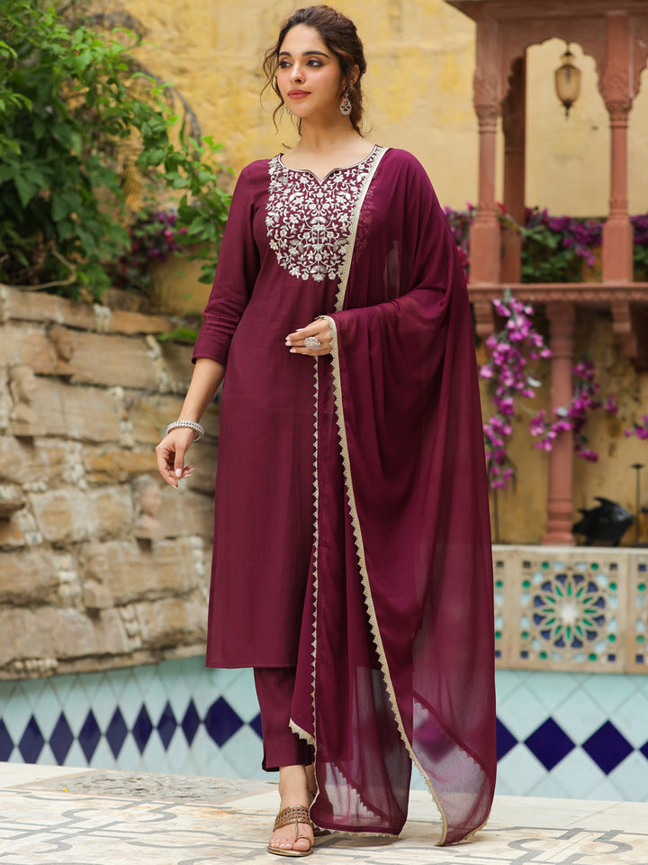 Wine-Chanderi-Yoke-Embroidered-3-Piece-Kurta-Set