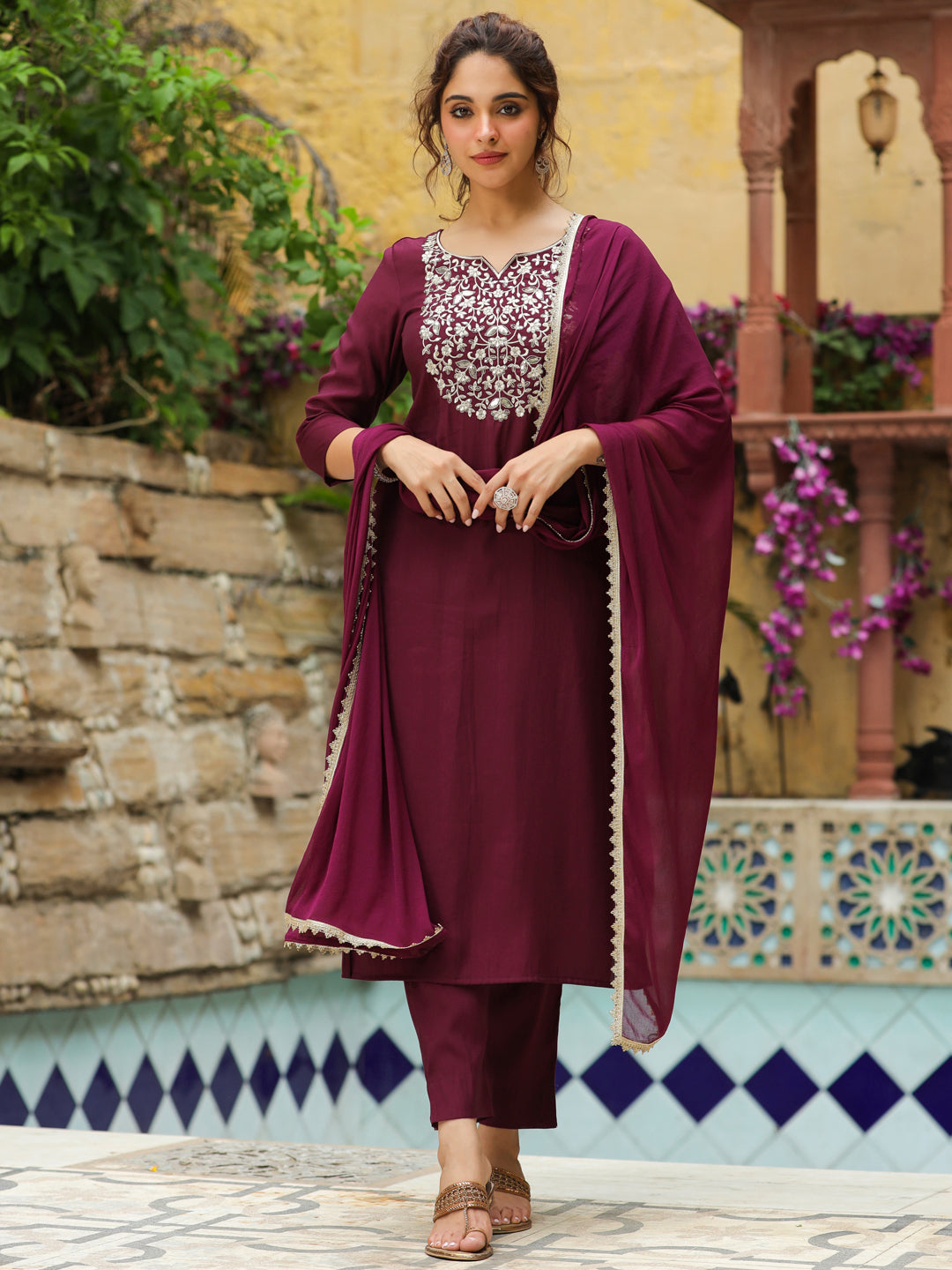 Wine Chanderi Yoke Embroidered Straight Kurta Set