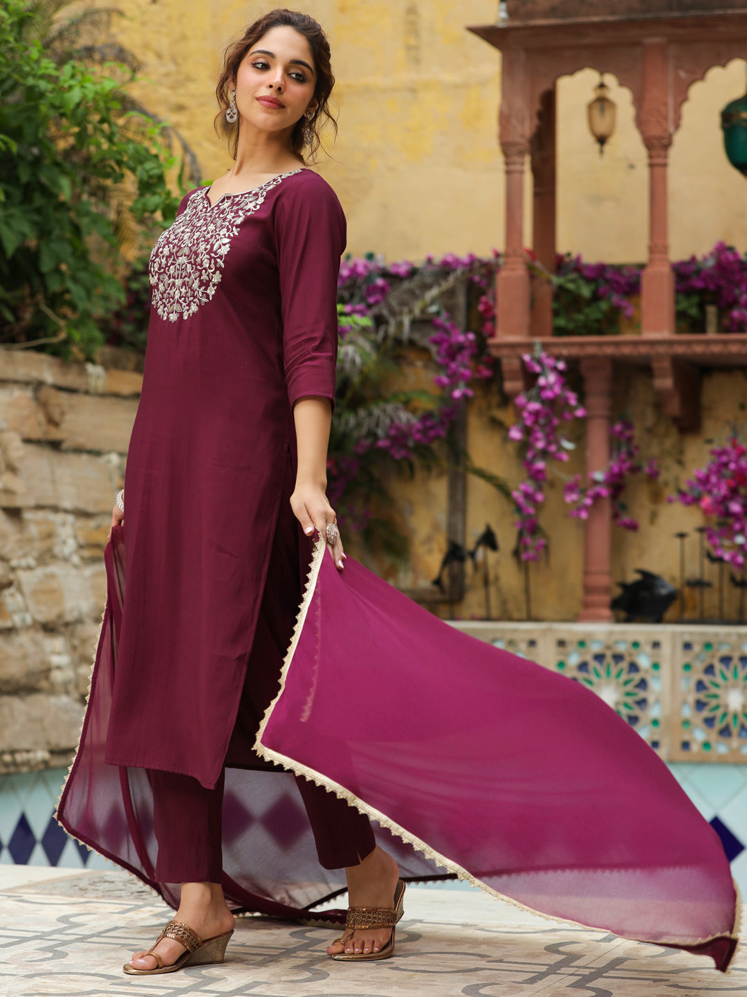 Wine Chanderi Yoke Embroidered Straight Kurta Set