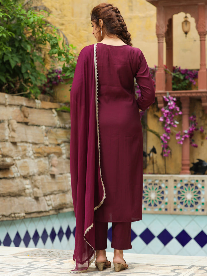 Wine-Chanderi-Yoke-Embroidered-3-Piece-Kurta-Set