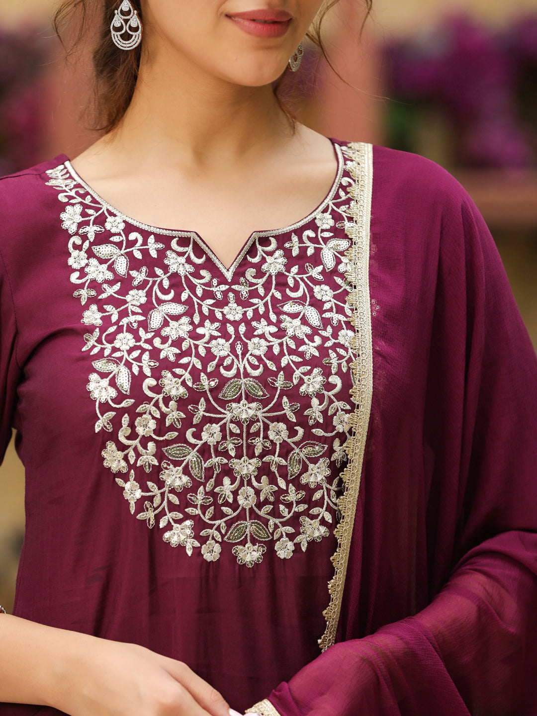 Wine-Chanderi-Yoke-Embroidered-3-Piece-Kurta-Set