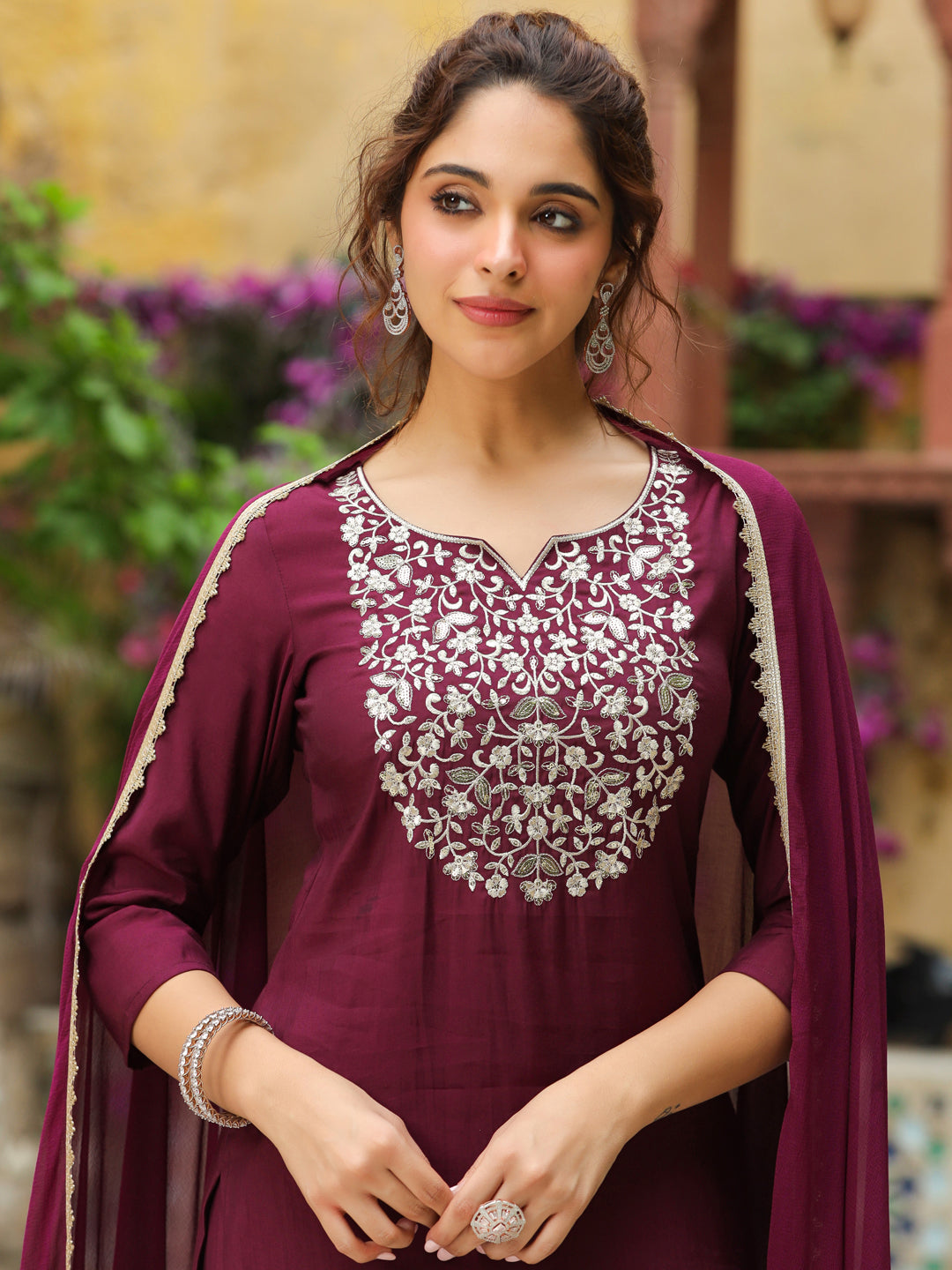 Wine Chanderi Yoke Embroidered Straight Kurta Set