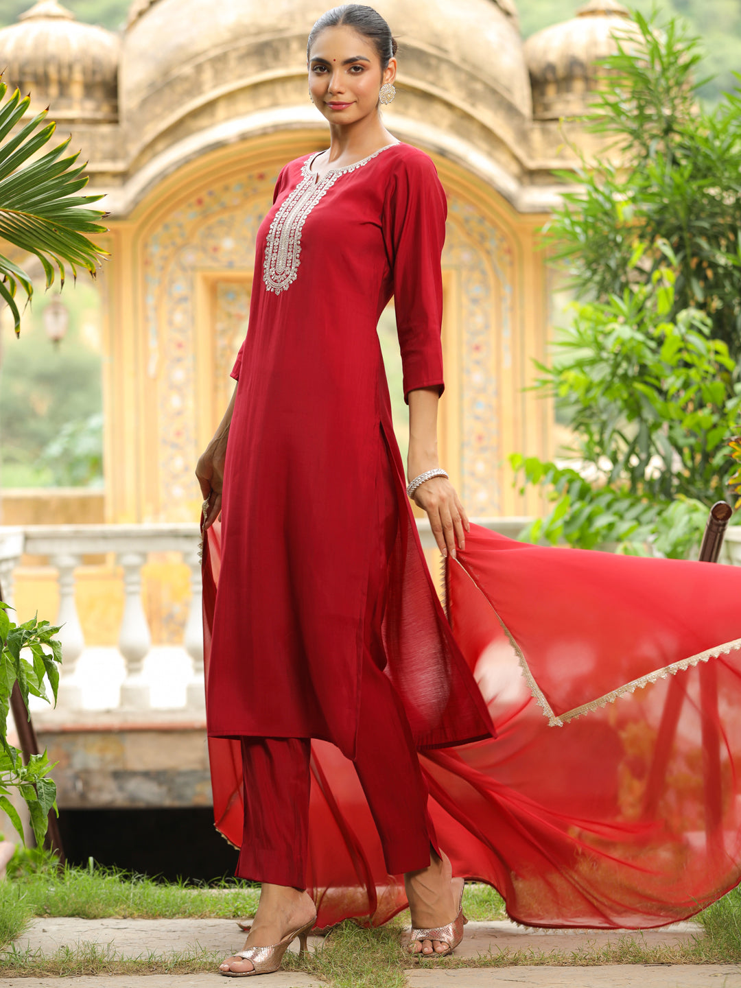 Maroon Chanderi Yoke Embroidered Kurta Set