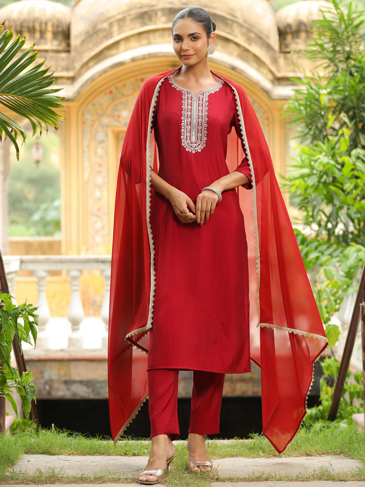 Maroon Chanderi Yoke Embroidered Kurta Set