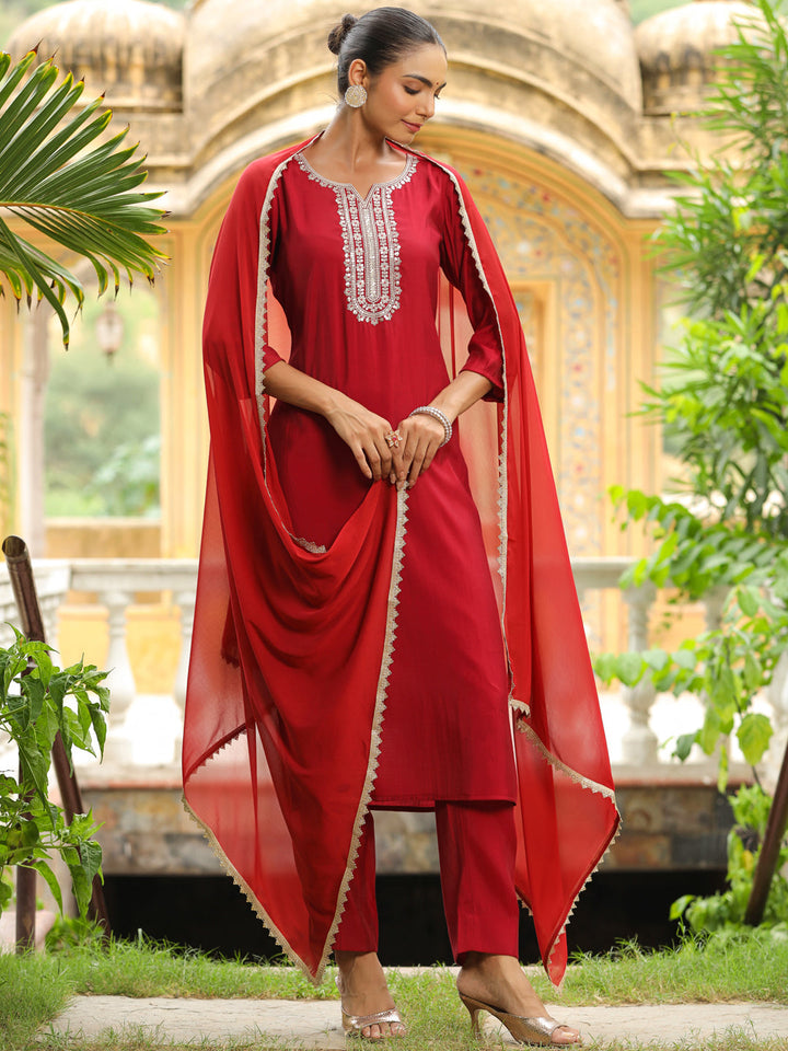 Maroon Chanderi Yoke Embroidered Kurta Set