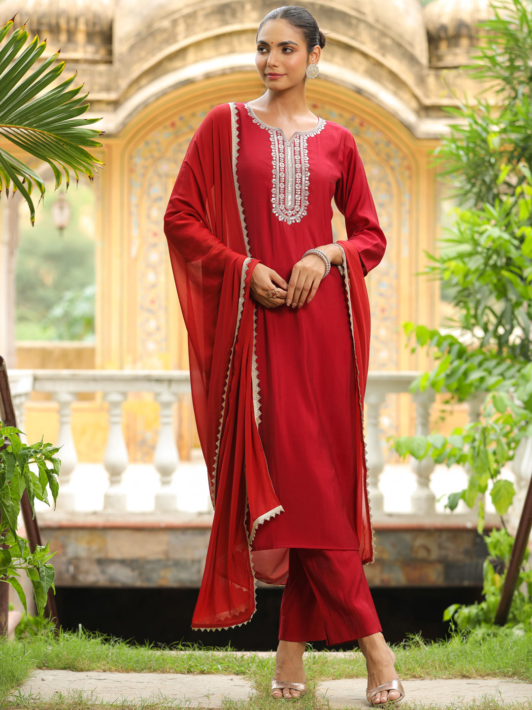 Maroon Chanderi Yoke Embroidered Kurta Set