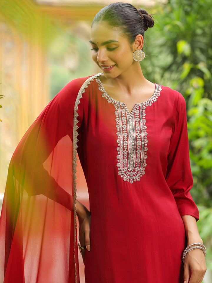 Maroon-Chanderi-Straight-Embroidered-3-Piece-Kurta-Set