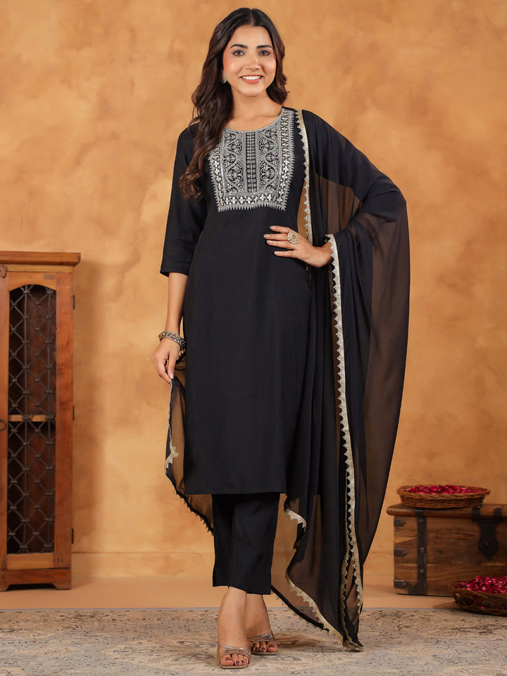 Black Chanderi Silk Yoke Embroidered Kurta Set