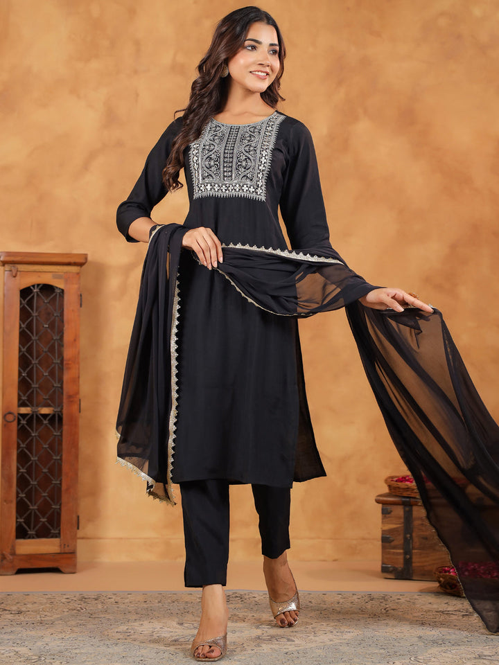 Black Chanderi Silk Yoke Embroidered Kurta Set