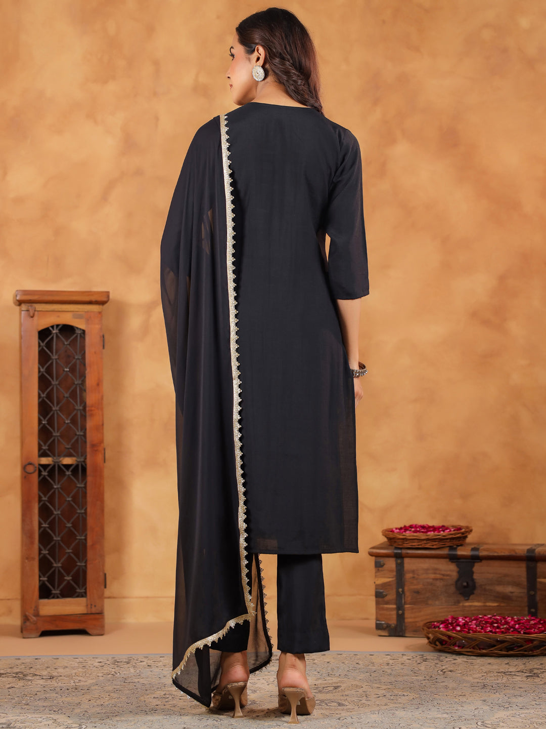 Black Chanderi Silk Yoke Embroidered Kurta Set