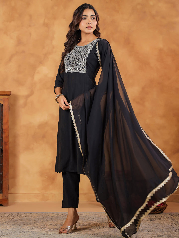 Black Chanderi Silk Yoke Embroidered Kurta Set