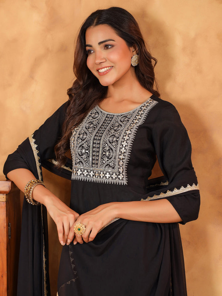 Black Chanderi Silk Yoke Embroidered Kurta Set