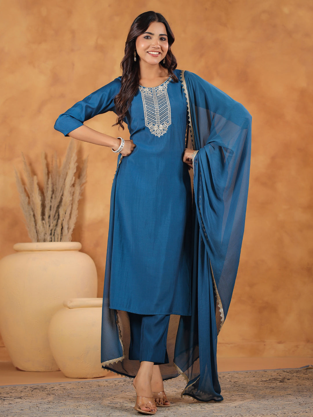 Teal Chanderi Yoke Embroidered Straight Kurta Set