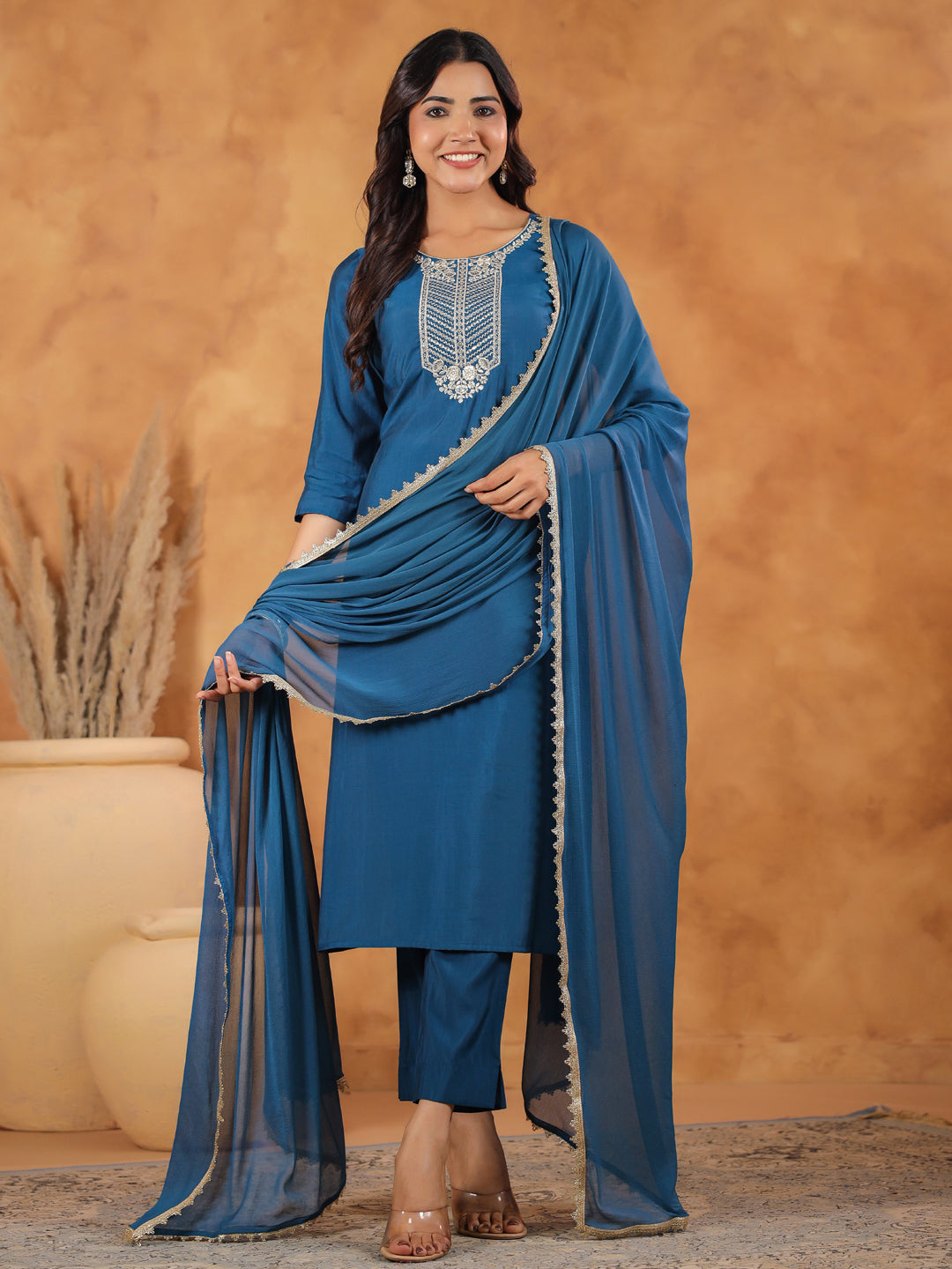 Teal Chanderi Yoke Embroidered Straight Kurta Set