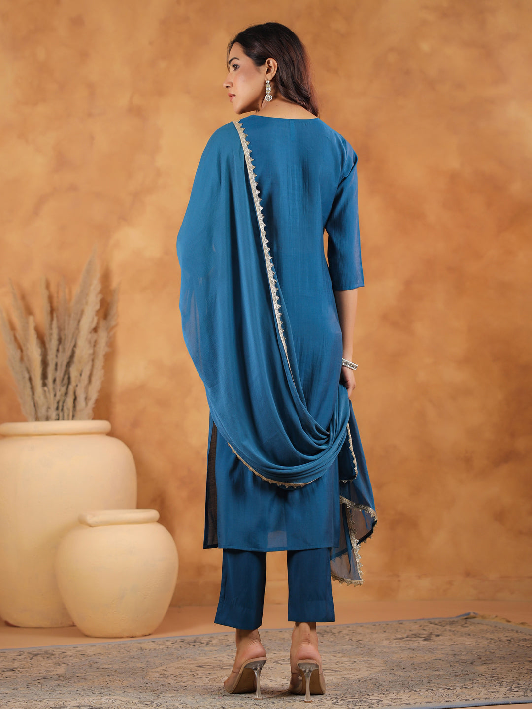 Teal Chanderi Yoke Embroidered Straight Kurta Set