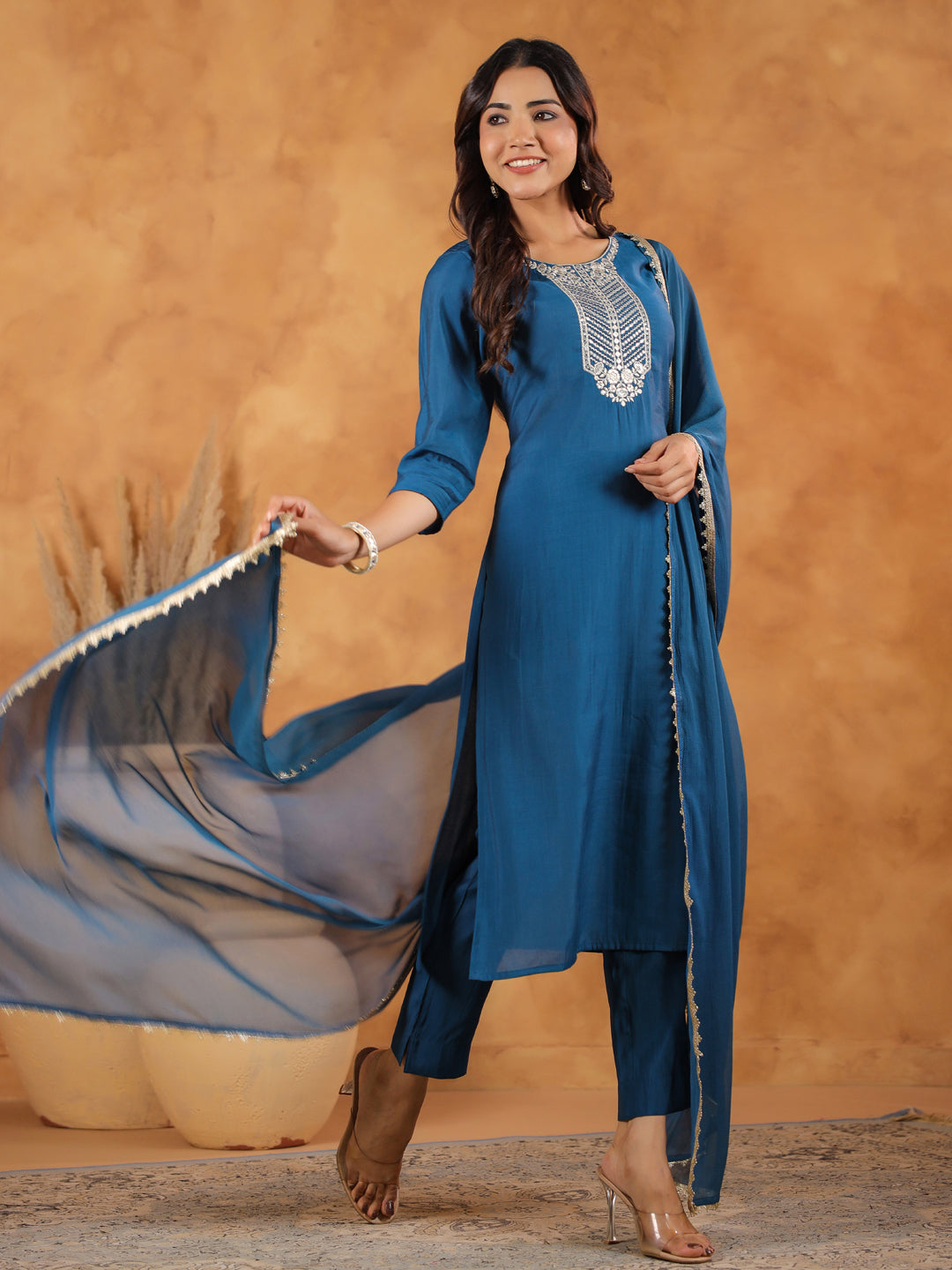 Teal-Blue-Chanderi-Straight-3-Piece-Kurta-Set