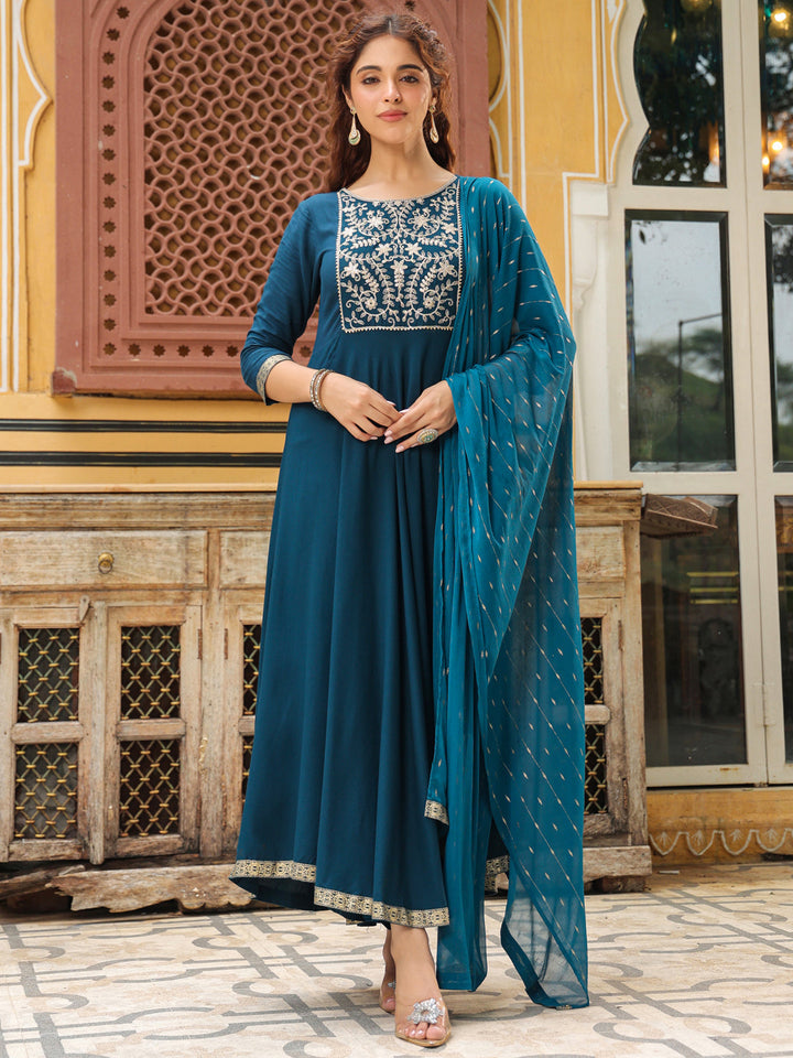 Teal Rayon Yoke Embroidered Anarkali Kurta Set