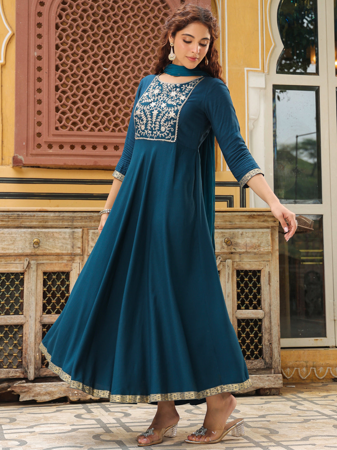 Teal Rayon Yoke Embroidered Anarkali Kurta Set