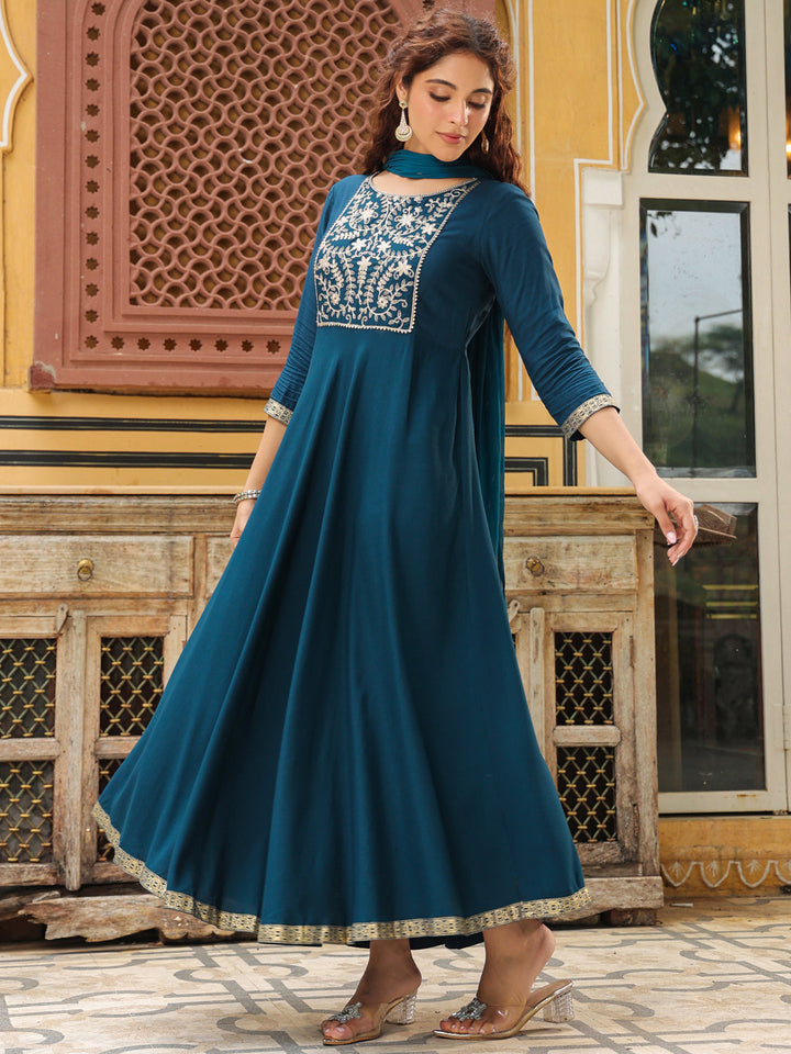 Teal Rayon Yoke Embroidered Anarkali Kurta Set