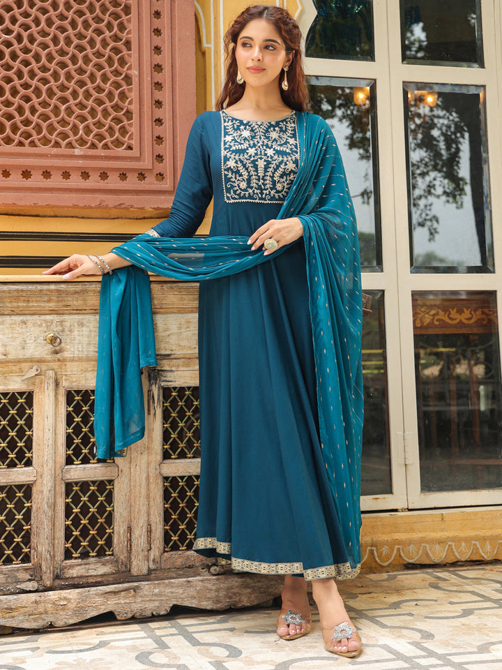 Teal Rayon Yoke Embroidered Anarkali Kurta Set