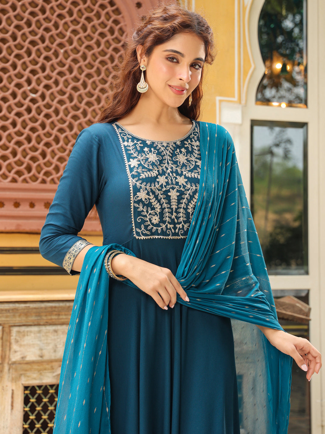 Teal-Blue-Rayon-Anarkali-Yoke-Embroidered-3-Piece-Kurta-Set