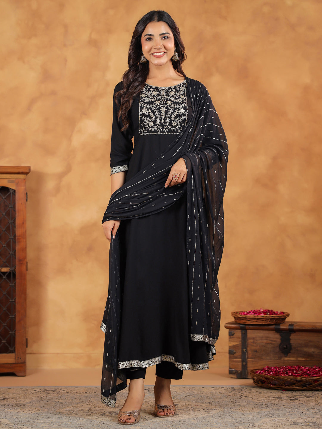 Black Rayon Anarkali Kurta Set With Dupatta