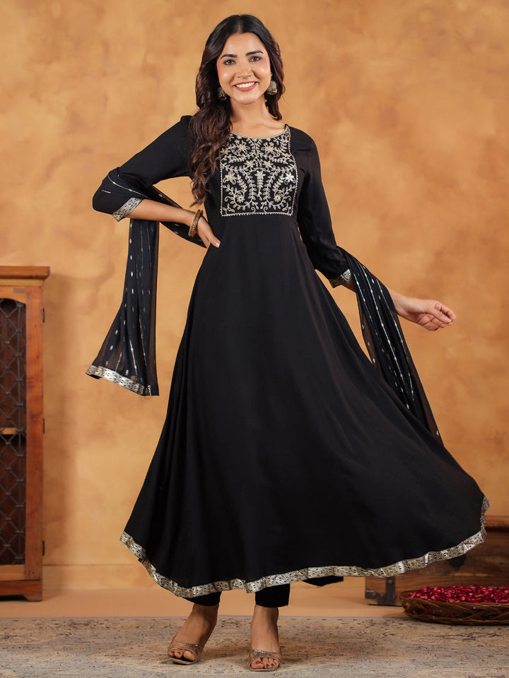 Black Rayon Anarkali Kurta Set With Dupatta