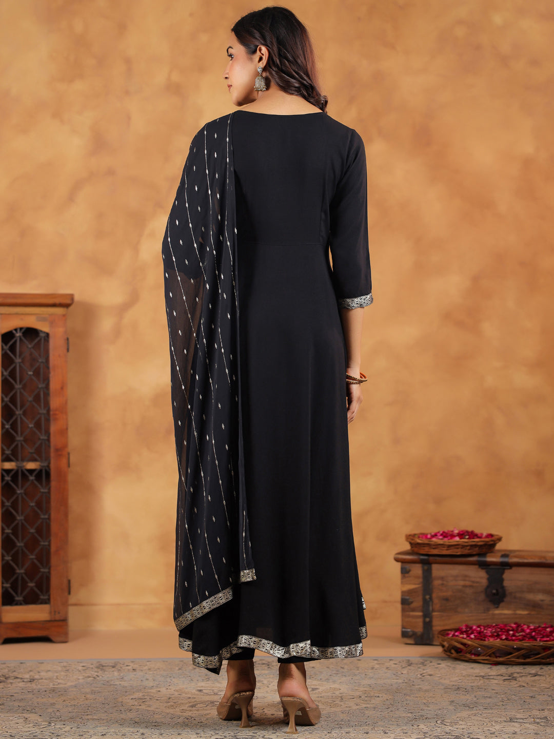 Black Rayon Anarkali Kurta Set With Dupatta