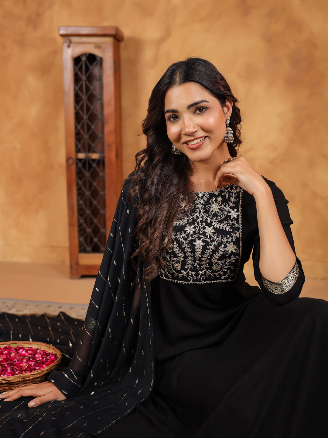 Black Rayon Anarkali Kurta Set With Dupatta